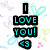 Pixelated text reads "I LOVE YOU!" in cyan letters on black blocks with heart-shaped pixel art in pastel colors around the text.