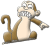 Pixelated monkey icon with brown fur, light beige belly, and a wide grin showing teeth; left arm extended in first frame, right arm extended in second frame.