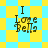 A pixelated icon with "I Love Bella" text over a background that alternates between yellow-blue checkered and diamond patterns.