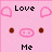 Pixelated pink background with heart shapes, brown eyes, and a pig snout; text reads 'Love Me Eat Me' on left and 'Don't' on right.