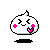 Pixelated white character with closed eyes, pink cheeks, and a pink heart-shaped object held near its mouth, standing on a black base.
