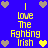Blue background with yellow text reading "I Love The Fghtng Irish" and pixelated heart icons in brown and yellow.