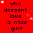 Red background with repeated dark blue text 'who doesnt love a ritas girl?' and scattered white stars, static image.