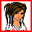 Pixel art buddy icon featuring a female character with dreadlocks and blue eyes on the left, next to red background text reading "Softball Sweetie" on the right.