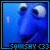 Pixelated blue-toned image of a fish-like character with large eyes and rounded features, framed by a thin border.