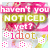 A static image of a pink and green graphic with repeated text "haven't you NOTICED yet?" and "idiot." in yellow, surrounded by white floral patterns on a light background.