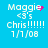 Pixelated blue background with white text reading "Maggie <3's chris!!!!! 1/1/08" and pink pixel clusters changing position across frames.