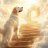 A pixelated static image shows a light-colored dog standing on a brown surface with blurred background tones of beige and yellow.
