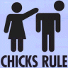 Static black-and-white stick figure icon with a female figure slapping a male figure, accompanied by the text "CHICKS RULE" on a light blue background.