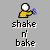 Pixelated icon of a figure in yellow clothing holding a blue object, with text below reading shake n' bake on gray background.