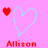 A pink background displays a of heart-shaped icons with red hearts and blue outlines, each labeled 'Allison' in varying colors