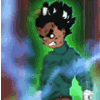 Animated character with dark spiky hair and white hair clips, wearing a green turtleneck shirt, surrounded by blue energy effects against a green background.