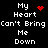 Black background with white pixelated text reading "My Heart Can't Bring Me Down" and red pixel art symbols including a solid heart, scattered dots, and a starburst pattern.