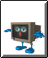 Animated cartoon character with CRT monitor head, blue limbs, red nose, and green indicator lights on gray background.