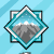 Pixelated diamond-shaped icon with teal border and gray mountain inside, transitioning to a blue character with white hooded cloak and dark gray clothing.