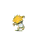 Pixelated character with spiky yellow hair and white patterned clothing performing sequential actions against a solid gray background.