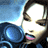 Pixelated close-up of a character with dark hair, light skin, and pink lips against blue background elements.
