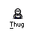 A 3x3 contact sheet of seven pixel art frames showing a cartoon thug character in various poses and outfits with the text "Thug" beneath each frame on a gray background.