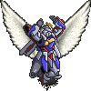 Pixelated mecha with white wings, blue and gray armor, yellow chest emblem, green eye light, raised fists in four