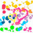 Pixelated colorful icon with pink heart outline, yellow and blue shapes, green elements at bottom, and scattered orange-yellow accents on white background.