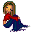 Pixel art icon of a female character with long brown hair and green highlights, wearing red top and blue pants, seated in profile view against white background.