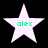 Four white star-shaped icons with green text 'alex' centered on each, arranged in a against a black background
