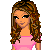 Pixel art buddy icon featuring a female character with long brown hair, pink crop top, blue jeans, and white shoes, displayed in two separate frames showing full body and torso views with the word "CUTIE" below.