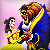 Pixelated static image of two cartoon characters dancing against a pink background, one in blue with yellow accents and the other in yellow dress with brown hair.