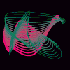 Animated abstract shapes with layered lines in pink, teal, blue, red, orange, yellow, purple, and green on black background.