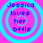 Four identical circular icons with cyan rings on a pink background, each displaying blue text reading "Jessica loves her bffls" in pixelated font.