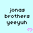 Light blue background with black pixelated text 'jonas brothers yeeeyuh' repeated across six positions, each accompanied by a small pink heart symbol.