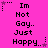 A static image with a bright pink background displays repeated text "Im Not Gay.. Just Happy.." in black pixelated font, each line accompanied by a small star symbol.