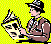 Pixelated icon set with six distinct symbols on yellow background: man reading newspaper, computer monitor, globe, magnifying glass, film camera, open book.