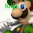 Pixelated Luigi character with green cap, blue overalls, and brown suspenders appears in two vertical ; text overlays read 'luigi' and 'LUIGI!!!!' on white background
