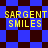 Pixelated blue and dark brown checkered background with yellow text reading 'SARGENT SMILES' in four identical sections.