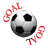 Four soccer balls with black and white surrounded by red 'GOAL' text on a gray background