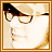 Pixelated icon of a person with glasses and dark hair, wearing a white top against a light background within a brown border.