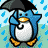 Blue star-shaped penguin with white belly and orange beak/feet holds black umbrella in rain, then stands without it under sun or flowers.