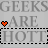 Pixelated text 'GEEKS ARE HOT' with two heart symbols, one orange and one black-and-orange outlined, on a gray background.