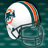 White football helmet with teal and orange stripes, featuring a stylized dolphin logo on the side against a dark green textured background.