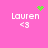 Pixelated pink background with four identical 'Lauren' text blocks, each paired with '<3', featuring green heart and starburst animations above the top-left and bottom-center positions.