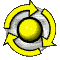 Six sequential frames of a yellow and gray circular animated icon with rotating arrows on a gray background.
