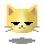 Pixelated yellow cat head with pink inner ears, black eyes, and gray whiskers; two versions show a small brown cross symbol on the forehead.