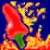 Animated red chili pepper with green stem against dark blue background, surrounded by yellow-orange flame-like particles.