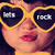 A person wearing yellow heart-shaped sunglasses with 'LOVE' and 'ROCK' text on lenses, red lips, and a yellow collar, shown in three with mouth position changes