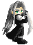 Pixelated character with long gray hair, green eyes, black outfit, and silver arm accessory in four sequential poses showing hair movement and arm position changes.