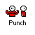 Pixelated red-shirted figure with white face punches a smaller red figure, then the target vanishes into pixel fragments.