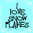 Light blue background with white dotted lines and snowflake patterns, four identical text-based icons arranged in a displaying "I love snowflakes" in black pixelated font