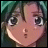 Pixelated anime-style character face with teal hair, large eyes, and a slightly open mouth on a black background with text.