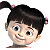 Pixelated cartoon girl with dark hair in pigtails tied by pink bows, smiling face, next to bold black text reading BOO! on white background.